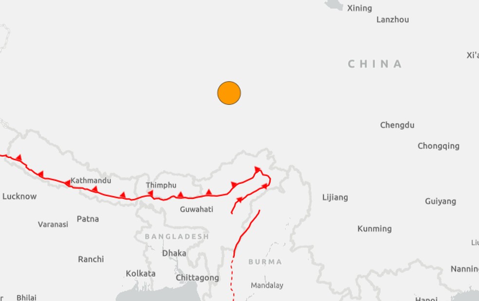 Mapa do Serviço Geológico dos Estados Unidos (USGS) mostra epicentro de terremoto de magnitude 7,0 que atingiu o Tibete em 22 de outubro de 2026. — Foto: Reprodução/ USGS