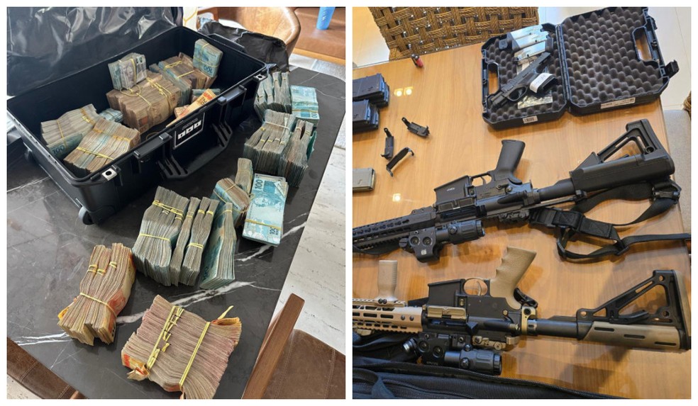 Dinheiro e armas apreendidos durante operao da PF e do MP-SP contra policiais corruptos ligados ao PCC — Foto: Reproduo/TV Globo