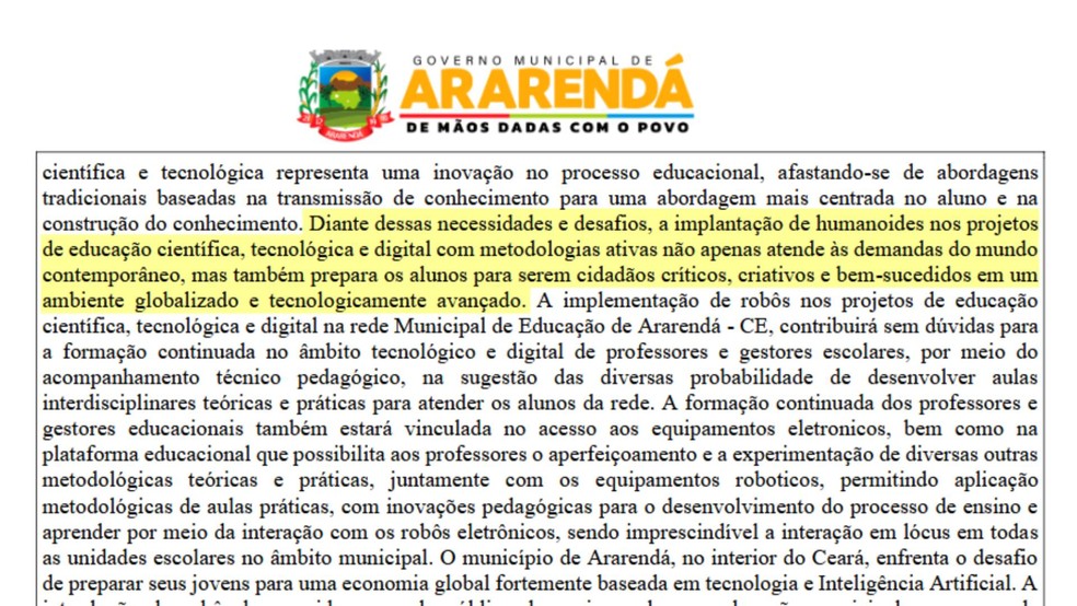 Prefeitura de Ararendá adquiriu dois robôs por R$ 277 mil com recursos da educação; secretaria afirma que máquinas vão ajudar alunos — Foto: Reprodução