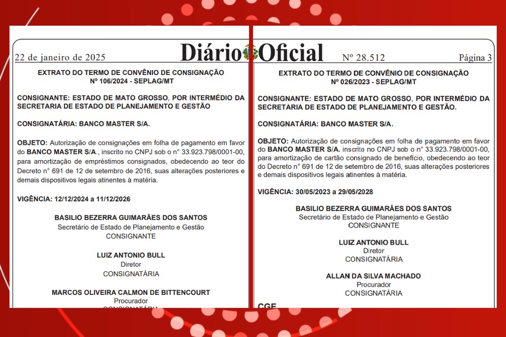 Dois documentos publicados no Diário Oficial do estado, em 2025 à esq. e em 2023, à dir. — Foto: Reprodução