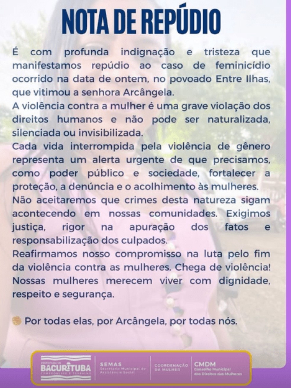 Nota de repúdio da Prefeitura de Bacurituba, por meio da Secretaria Municipal de Assistência Social (Semcas). — Foto: Divulgação/Redes sociais