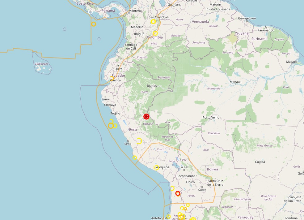 Ponto vermelho indica região onde foi registrado o terremoto, na fronteira entre Brasil e Peru — Foto: GFZ