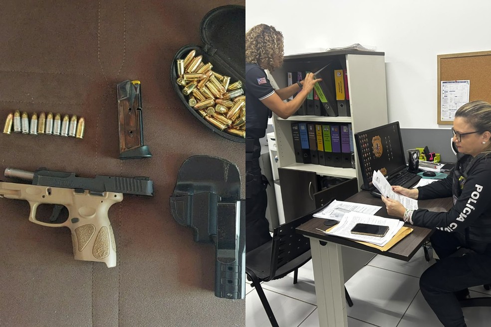 Arma de fogo e munições foram encontradas em um sítio pertencente ao pai do delegado investigado — Foto: Divulgação/Polícia Civil
