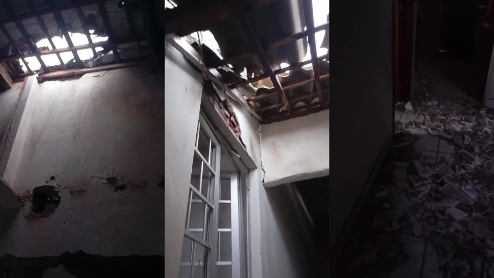 Telhado de casa danificado por queda de raio em Ferreiros — Foto: Montagem/g1