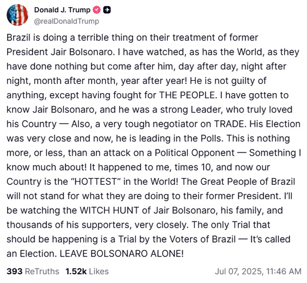 Trump faz post em defesa de Bolsonaro — Foto: Reprodução/Truth Social