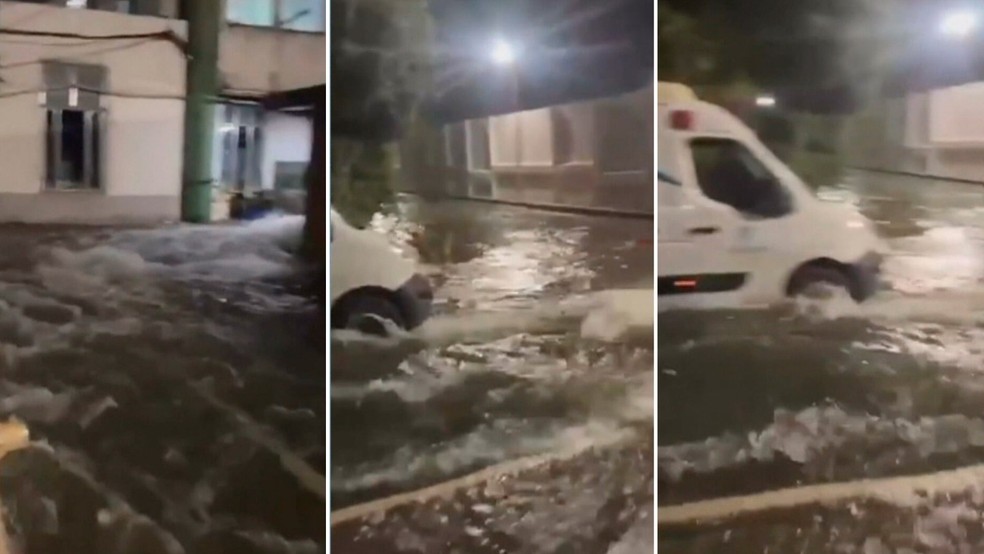 Força da água formou uma correnteza e alagou uma ambulância que estava parada no local — Foto: Reprodução