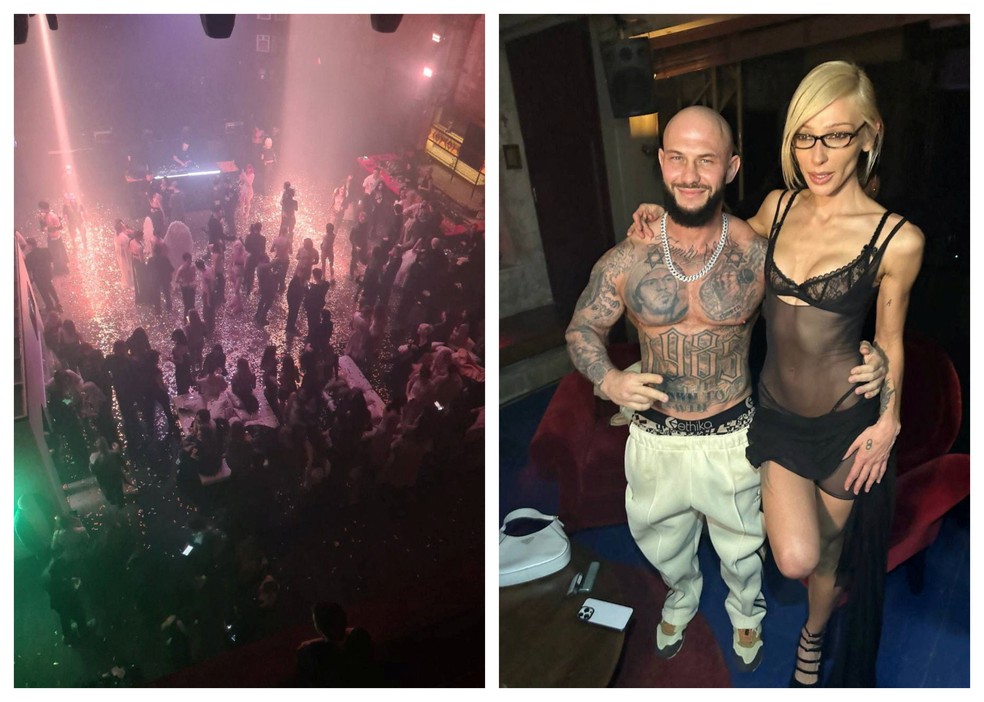 A blogueira russa Anastasia Ivleeva e o rapper GeeGun na festa de pessoas quase peladas em Moscou, em 21 de dezembro de 2023 — Foto: Ostorozhno Novosti/Reuters