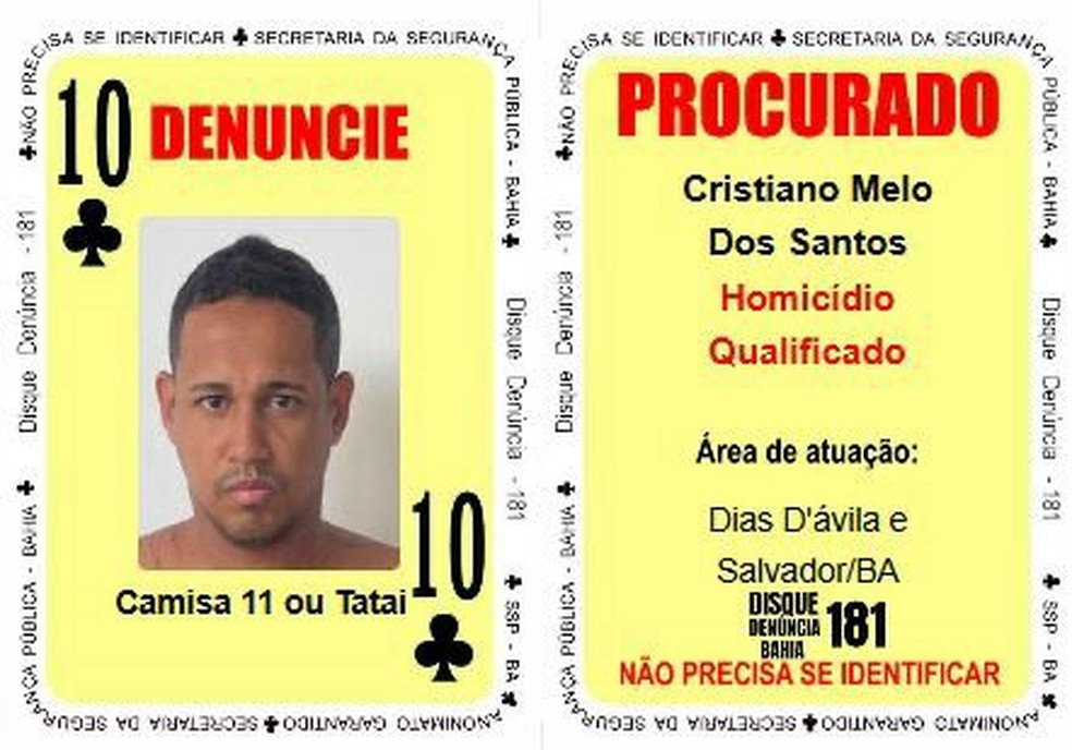 Cristiano Melo dos Santos foi colocado nesta quinta-feira (31), no Baralho do Crime da Secretaria da Segurança Pública do estado (SSP-BA). — Foto: SSP-BA
