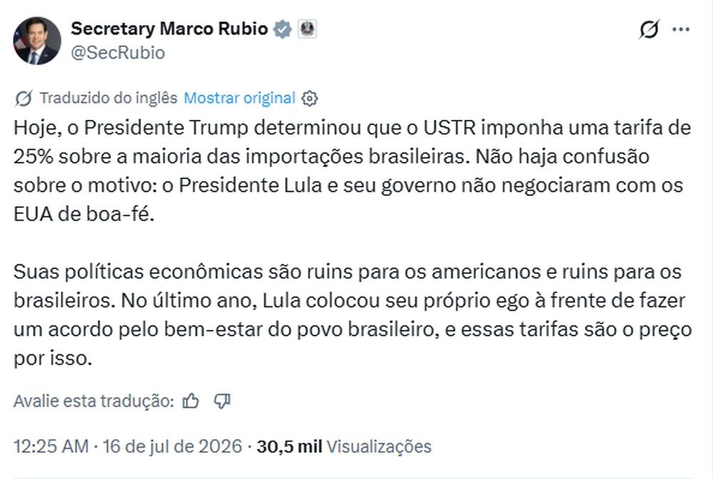Estados Unidos aplicam tarifas de 25% sobre produtos brasileiros após investigações comerciais