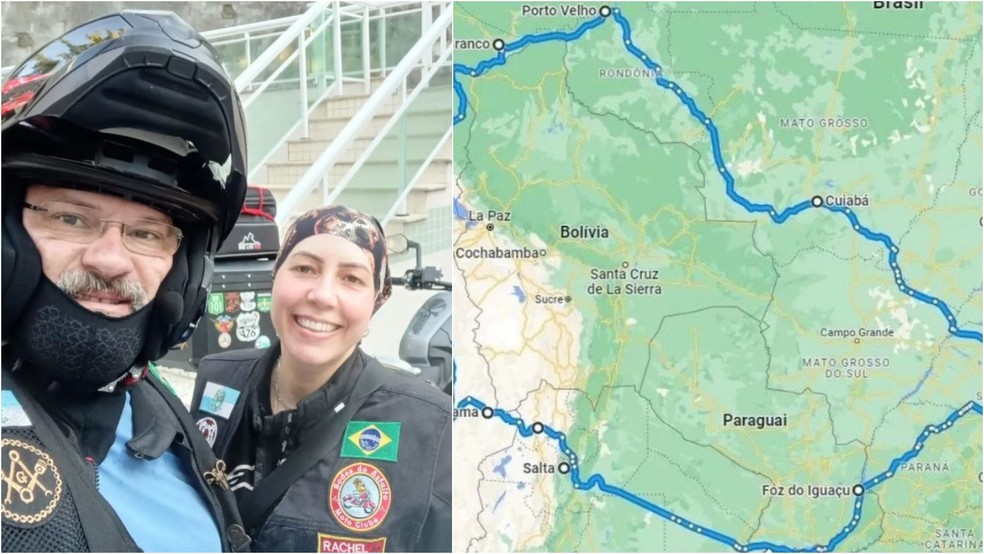 Rachel Nathalie de Souza Pereira, de 47 anos, e o companheiro Cláudio Gomes, de 49 anos, visitaram três países de moto em 2022. — Foto: Arquivo pessoal