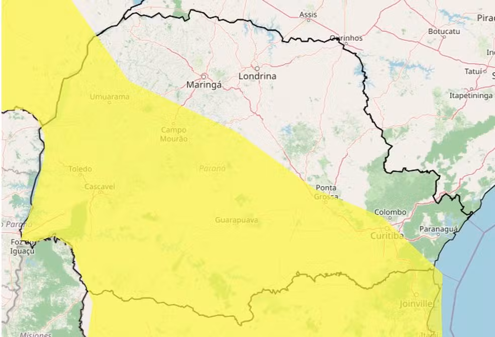Paraná recebe alerta de tempestade para 234 cidades — Foto: Reprodução/Inmet