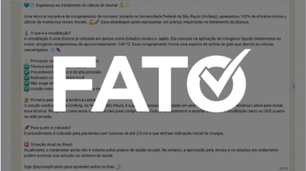 É #FATO que Unifesp testa técnica inovadora de congelamento de tumores contra câncer de mama inicial, mas mensagem viral tem imprecisões — Foto: Reprodução