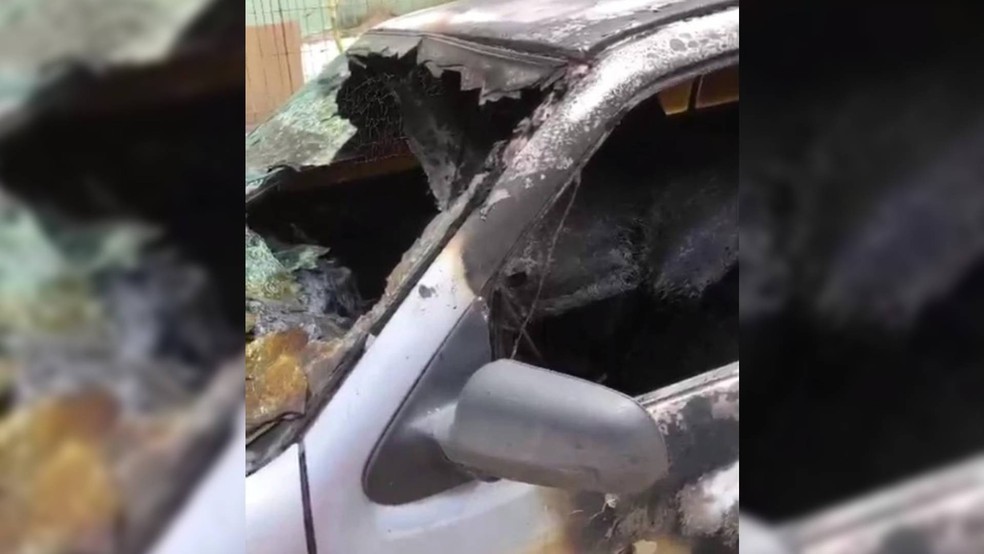 Veículo foi queimado em noite de ataques em residencial no Jangurussu, em Fortaleza — Foto: Reprodução