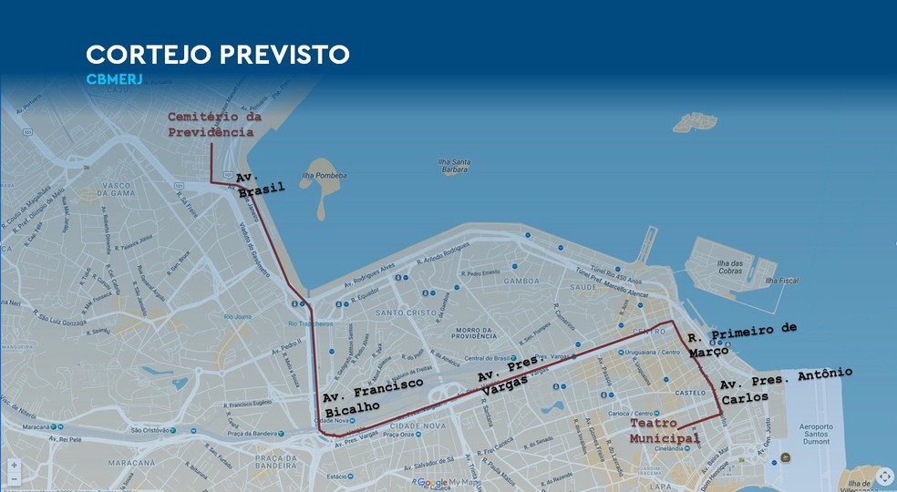 Roteiro do cortejo de despedida do corpo de Preta Gil até o Cemitério da Penitência — Foto: Divulgação/ Prefeitura do Rio