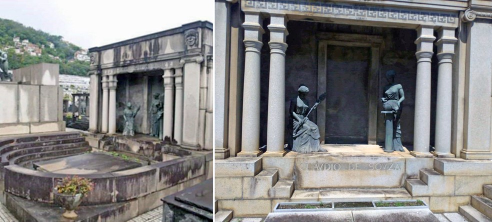 Antes e depois do furto da peça de bronze de mausoléu no São João Batista: estátua de 1,60 m ficava no centro do túmulo — Foto: Reprodução/TV Globo