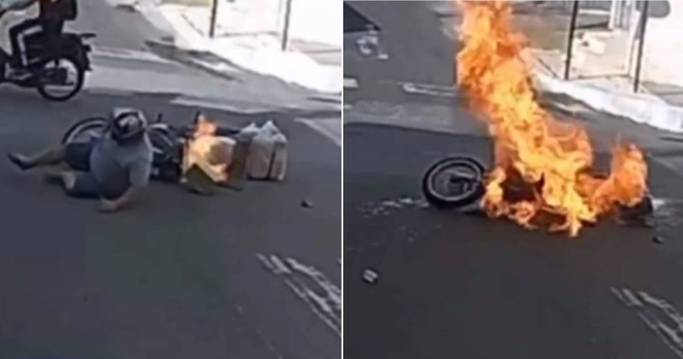 Motociclista caiu após se chocar com outra moto; na sequência, o veículo pegou fogo — Foto: Reprodução