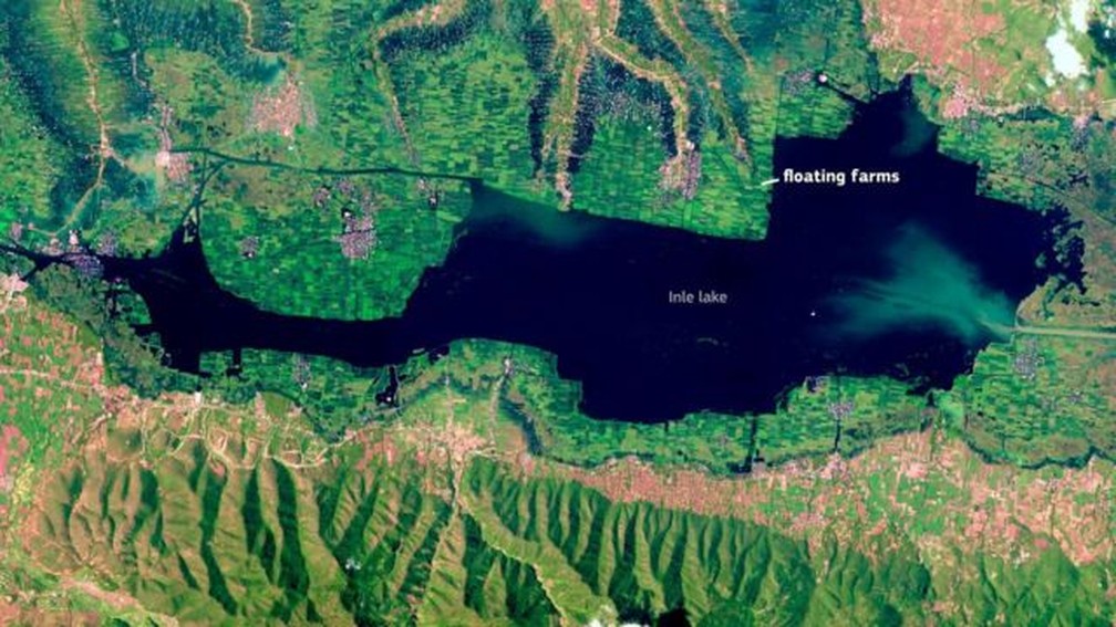 Fazendas flutuantes reduziram drasticamente superfície do Lago Inle, em Mianmar. — Foto: EU/COPERNICUS SENTINEL-2 via BBC