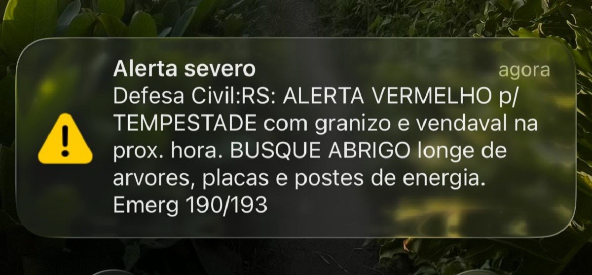 Defesa Civil emite aviso por celular para temporais com granizo e ventania nas próximas horas em Porto Alegre