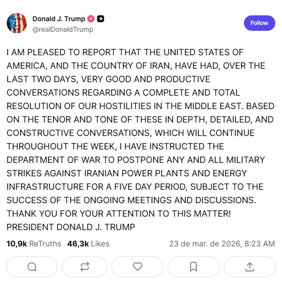 Trump diz que EUA e Irã tiveram conversas “produtivas” e adia ataques a infraestrutura iraniana enquanto negociações continuam. — Foto: Reproduçao/Redes sociais