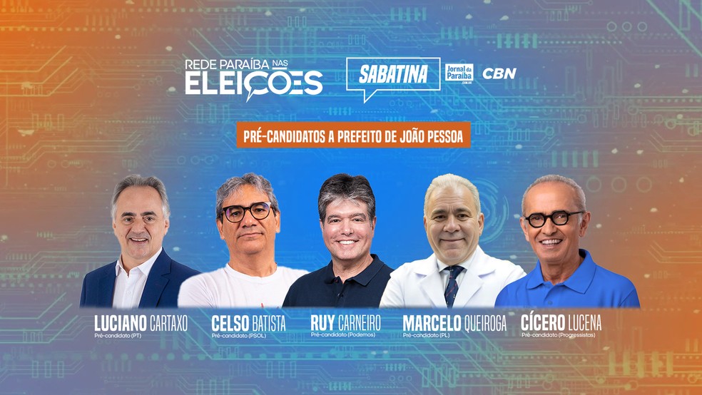Pr&eacute;-candidatos a prefeito de Jo&atilde;o Pessoa participam de sabatina na Rede Para&iacute;ba de Comunica&ccedil;&atilde;o &mdash; Foto: Arte: Diogo Almeida/Jornal da Para&iacute;ba