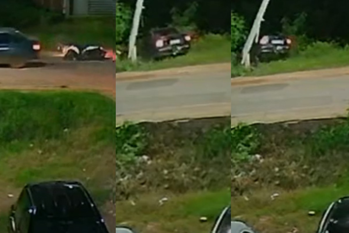 VÍDEO: carro derruba poste e cai em córrego após bater em motociclista em Cuiabá