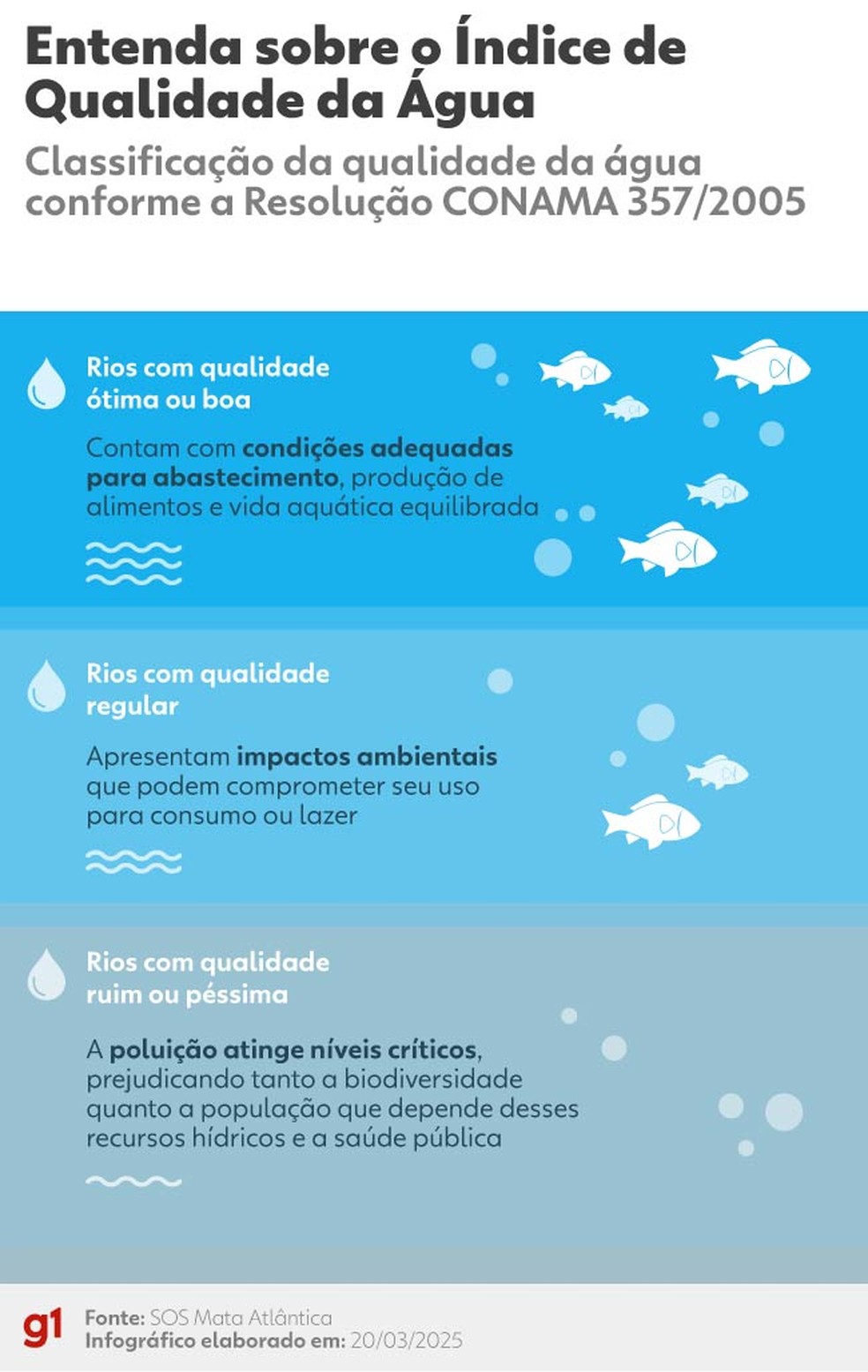 Índice de Qualidade da Água (IQA), utilizado no monitoramento dos rios, classifica a água em cinco categorias — Foto: Arte/g1