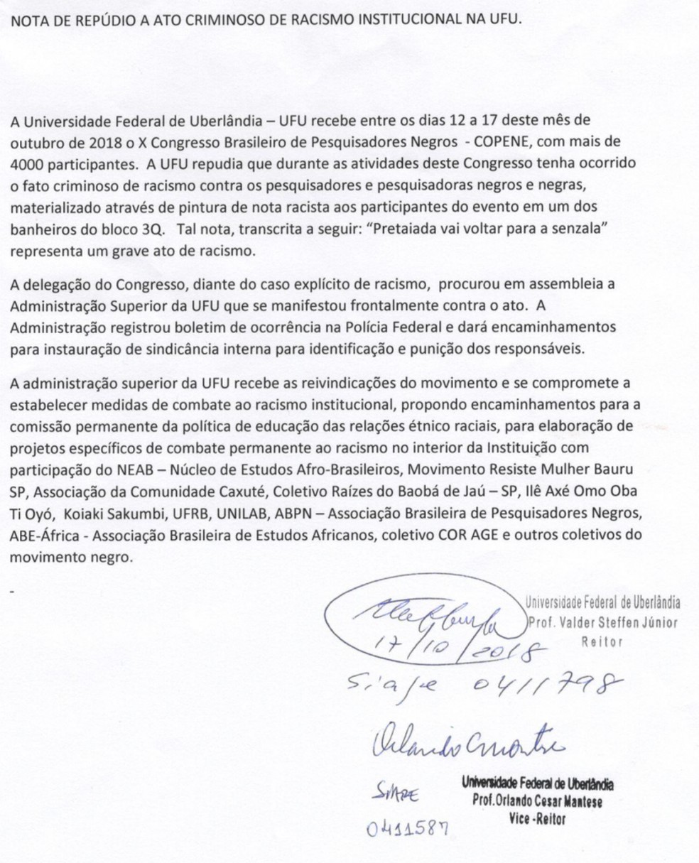Frase racista é pichada no banheiro da UFU em Uberlândia durante Congresso  Brasileiro de Pesquisadores Negros | G1