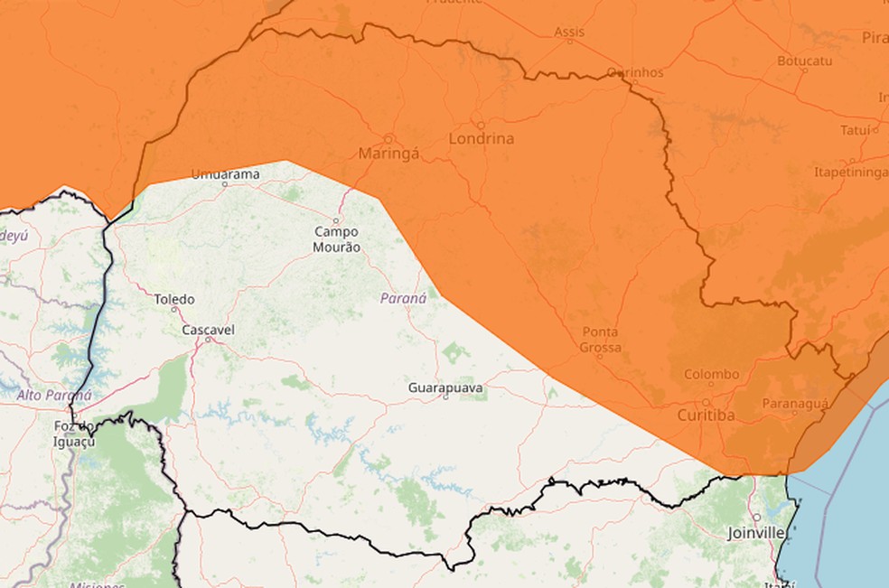 Alerta de chuvas intensas para as áreas em laranja no mapa do Paraná — Foto: Inmet