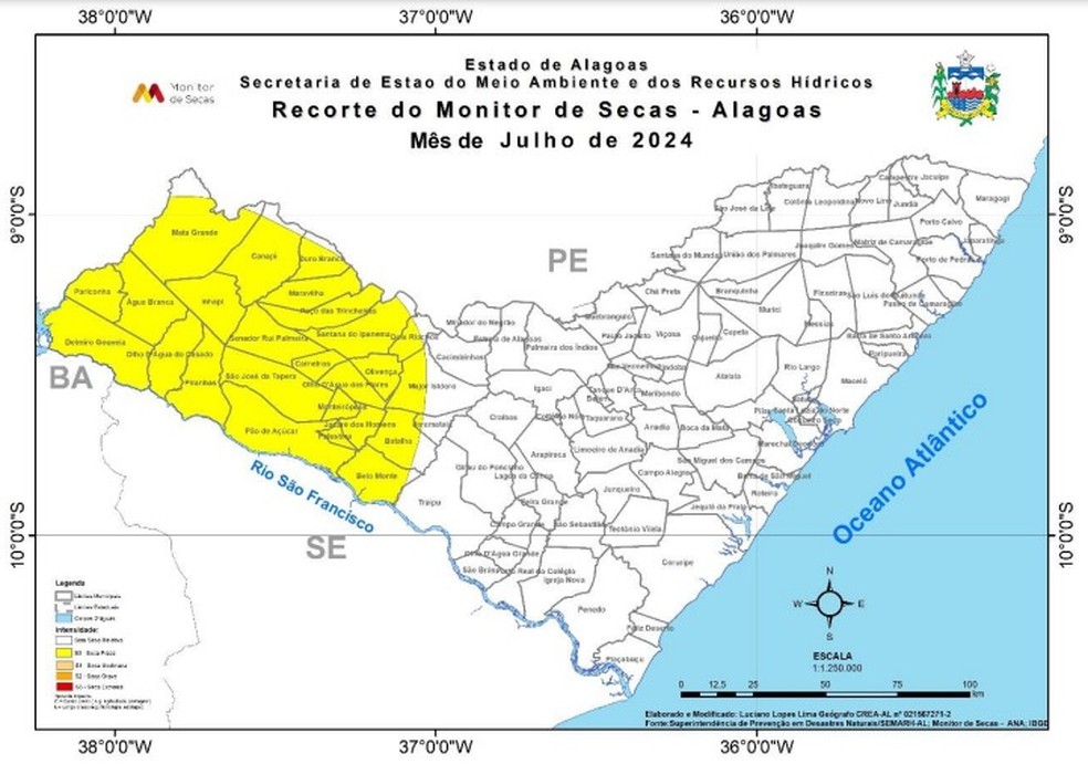 Monitor de Secas da Semarh de julho apresenta uma área de seca fraca em todo semiárido Alagoano — Foto: Semarh