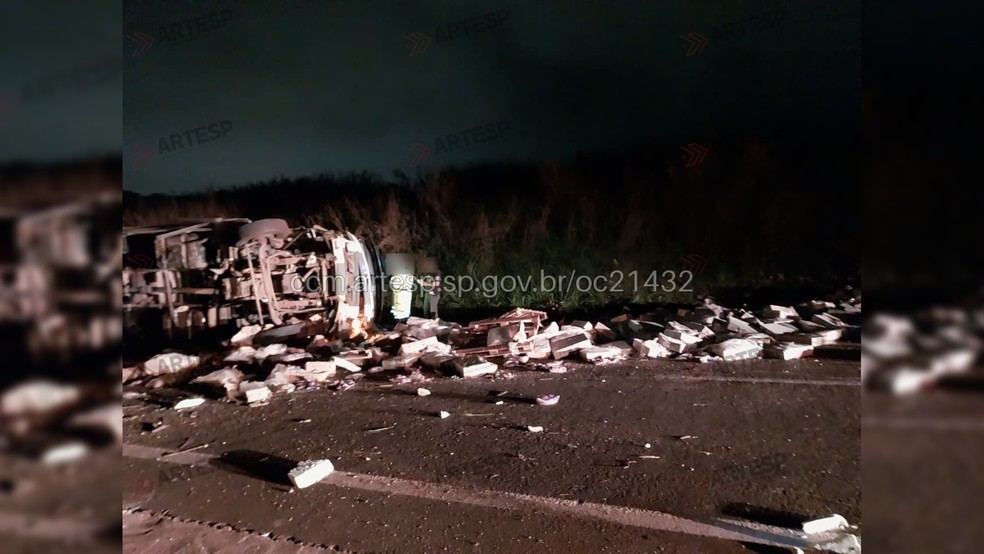 1 de 1
Caminh&atilde;o tomba, espalha carga de frios e deixa motorista ferido em Barra Bonita (SP) &mdash; Foto: Portal CCM &mdash; ARTESP (ccm.artesp.sp.gov.br)