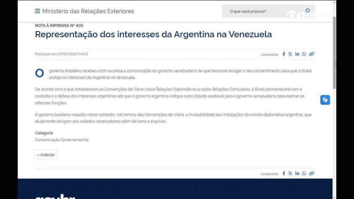 Governo brasileiro se diz 'surpreso' com comunicado da Venezuela que revoga custódia da embaixada da Argentina