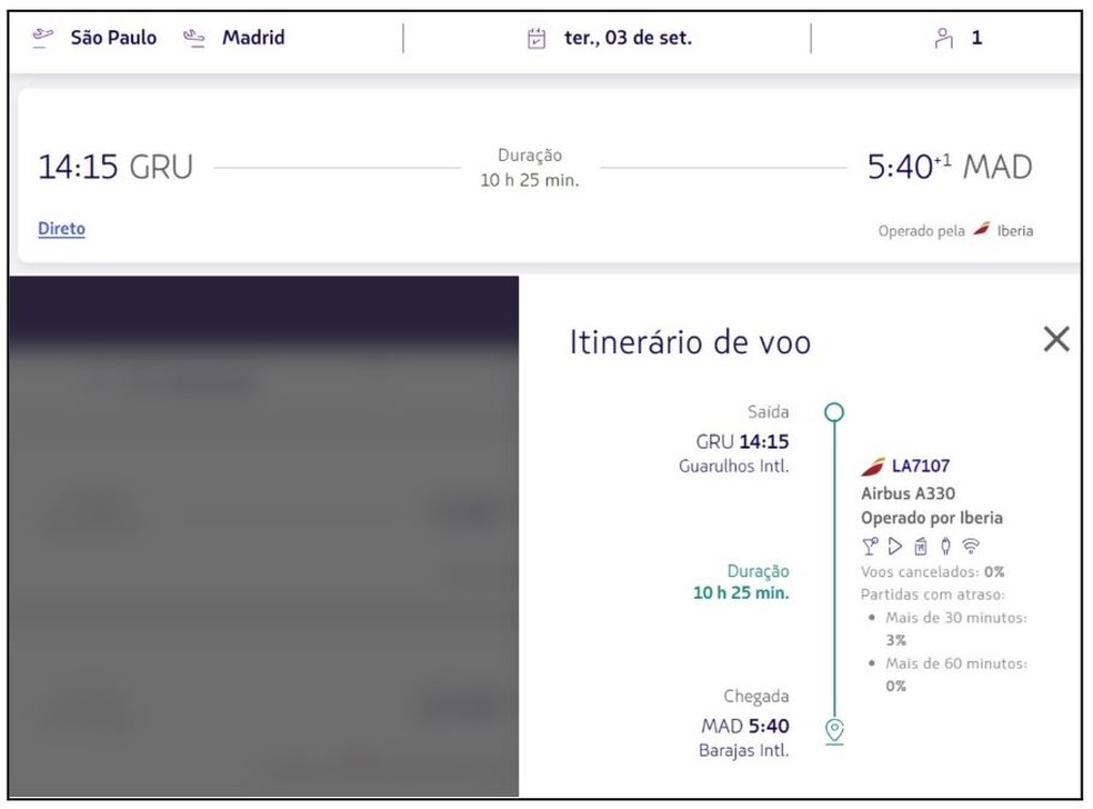 Exemplo de como o codeshare é sinalizado pela Latam em um voo operado pela Iberia — Foto: Latam