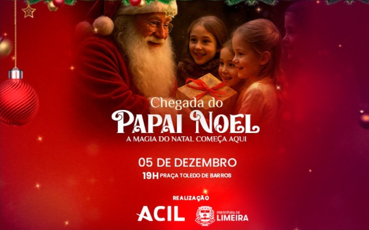 Chegada do Papai Noel será no dia 5 de dezembro, às 19h, na Praça Toledo Barros