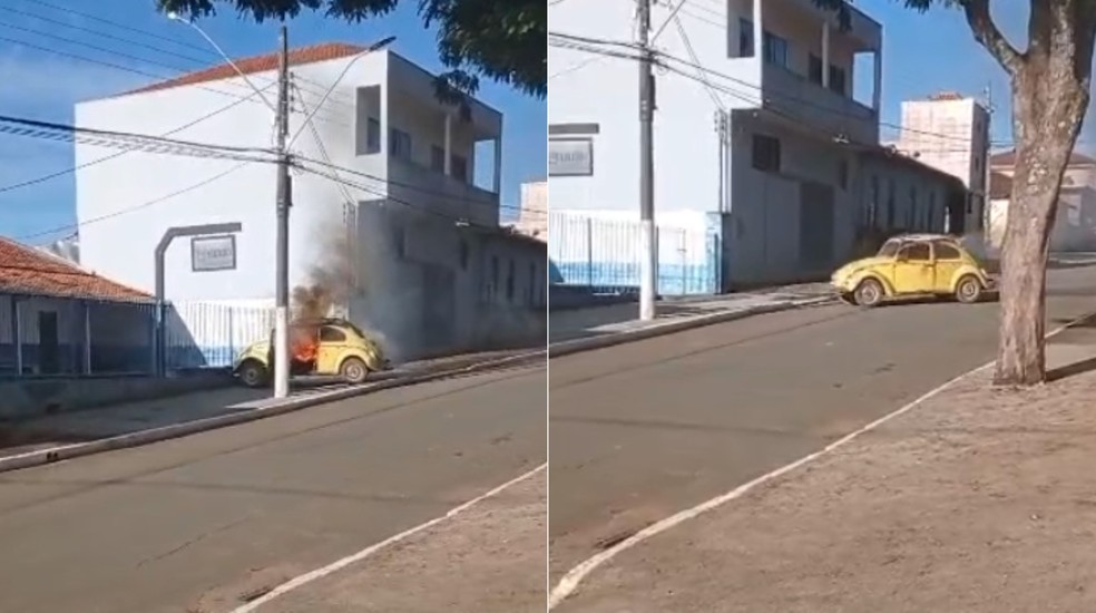 Mulher ateia fogo em carro com homem dentro em Caconde — Foto: Arquivo Pessoal