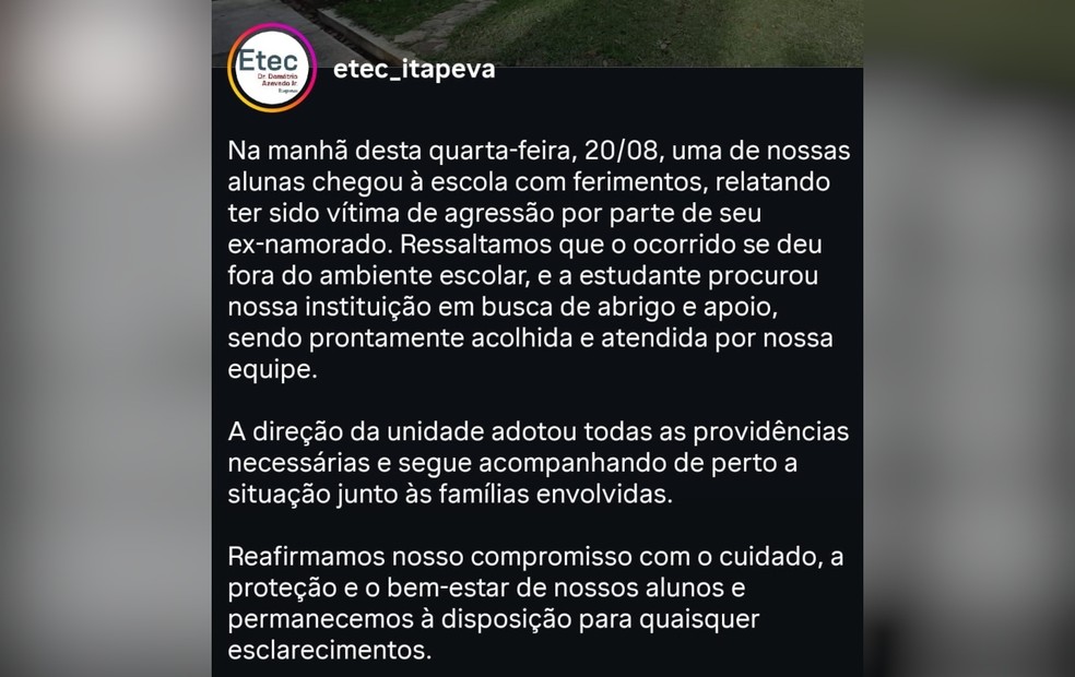A escola técnica publicou uma nota sobre o caso nas redes sociais nesta quarta-feira (20) — Foto: Reprodução/Redes sociais