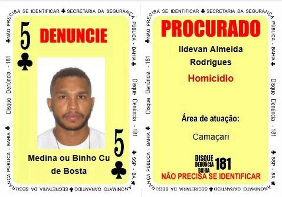 Procurado por homicídio e com histórico de envolvimento com o tráfico de drogas, Ildevan Almeida Rodrigues, o “Medina” passou a figurar como carta "Cinco de Paus". — Foto: SSP-BA