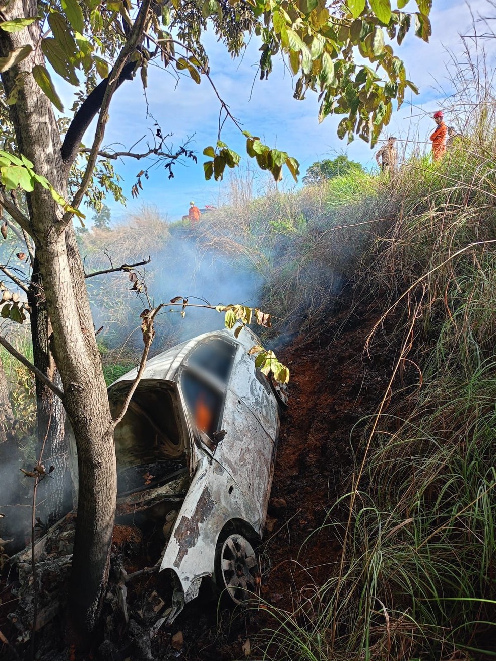 Carro explodiu depois de bater em árvore, disse os bombeiros — Foto: Divulgação/PM