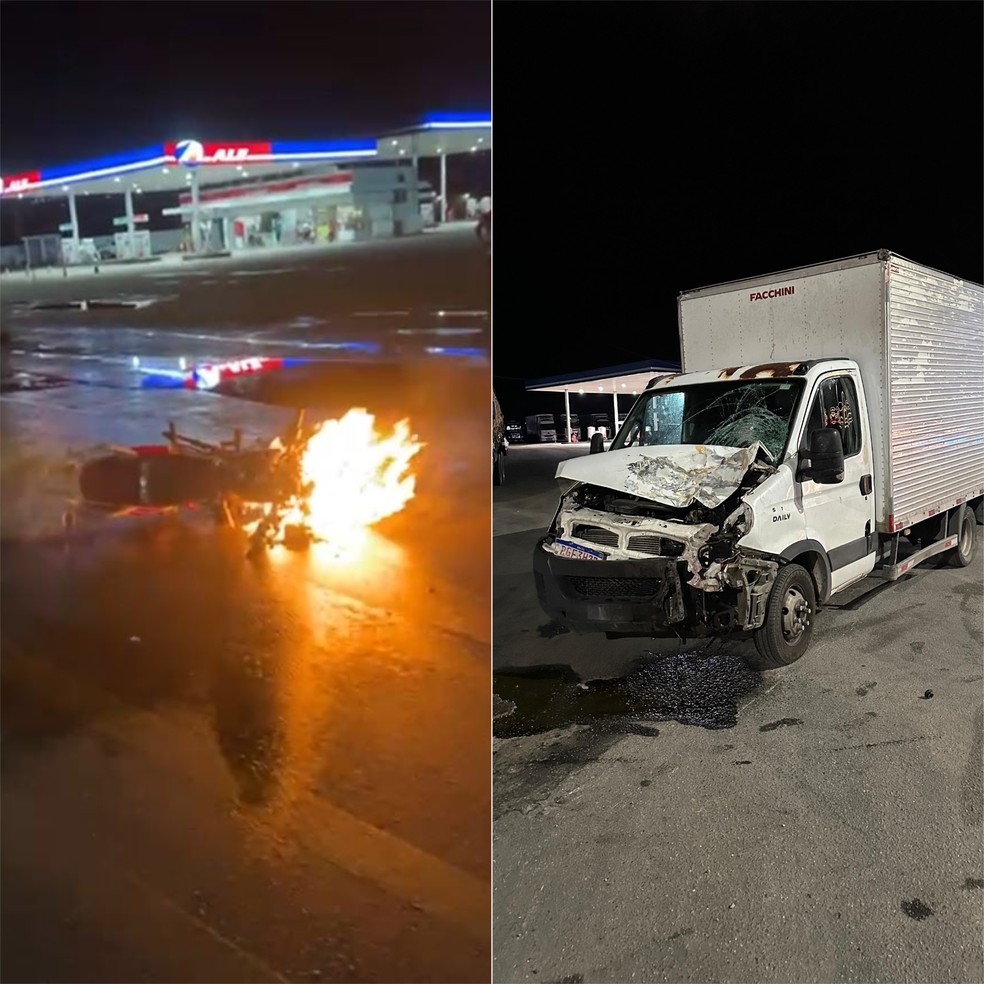 Moto pegou fogo após colisão — Foto: Redes sociais