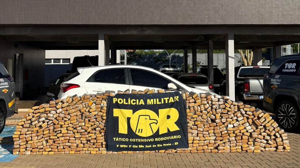 Mais de meia tonelada de maconha foi apreendida pela Pol&iacute;cia Rodovi&aacute;ria, em ve&iacute;culo que trafegava pela SP-310, em Nhandeara (SP), na tarde de quinta (9) &mdash; Foto: Pol&iacute;cia Rodovi&aacute;ria/Divulga&ccedil;&atilde;o