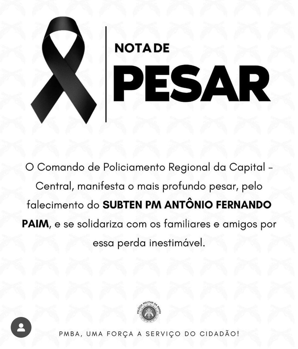 Nota de pesar do Comando de Policiamento Regional da Capital — Foto: Redes sociais