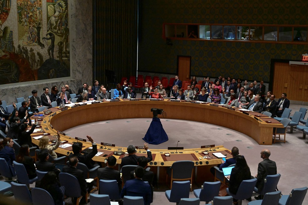 O Conselho de Seguran&ccedil;a da ONU durante reuni&atilde;o para tratar sobre o conflito entre Israel e o grupo terrorista Hamas &mdash; Foto: Stephanie Keith/Reuters