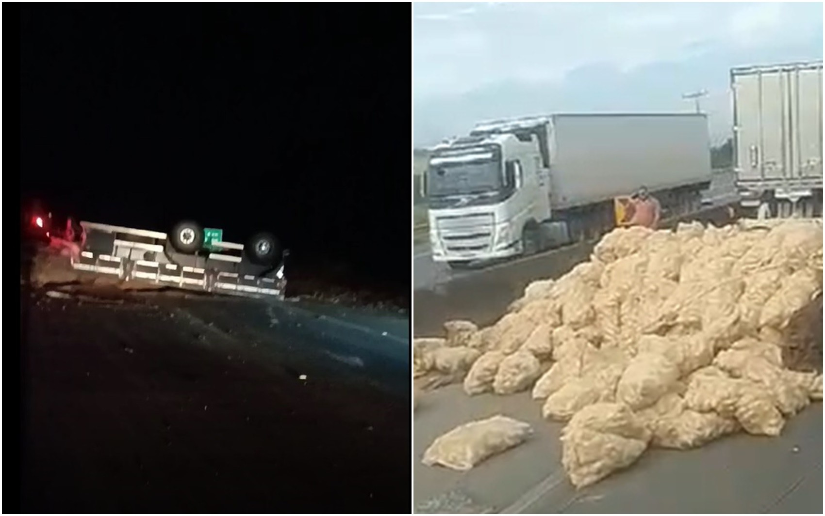 Carreta com 25 toneladas de batatas tomba e congestiona a Fernão Dias, em Cambuí, MG