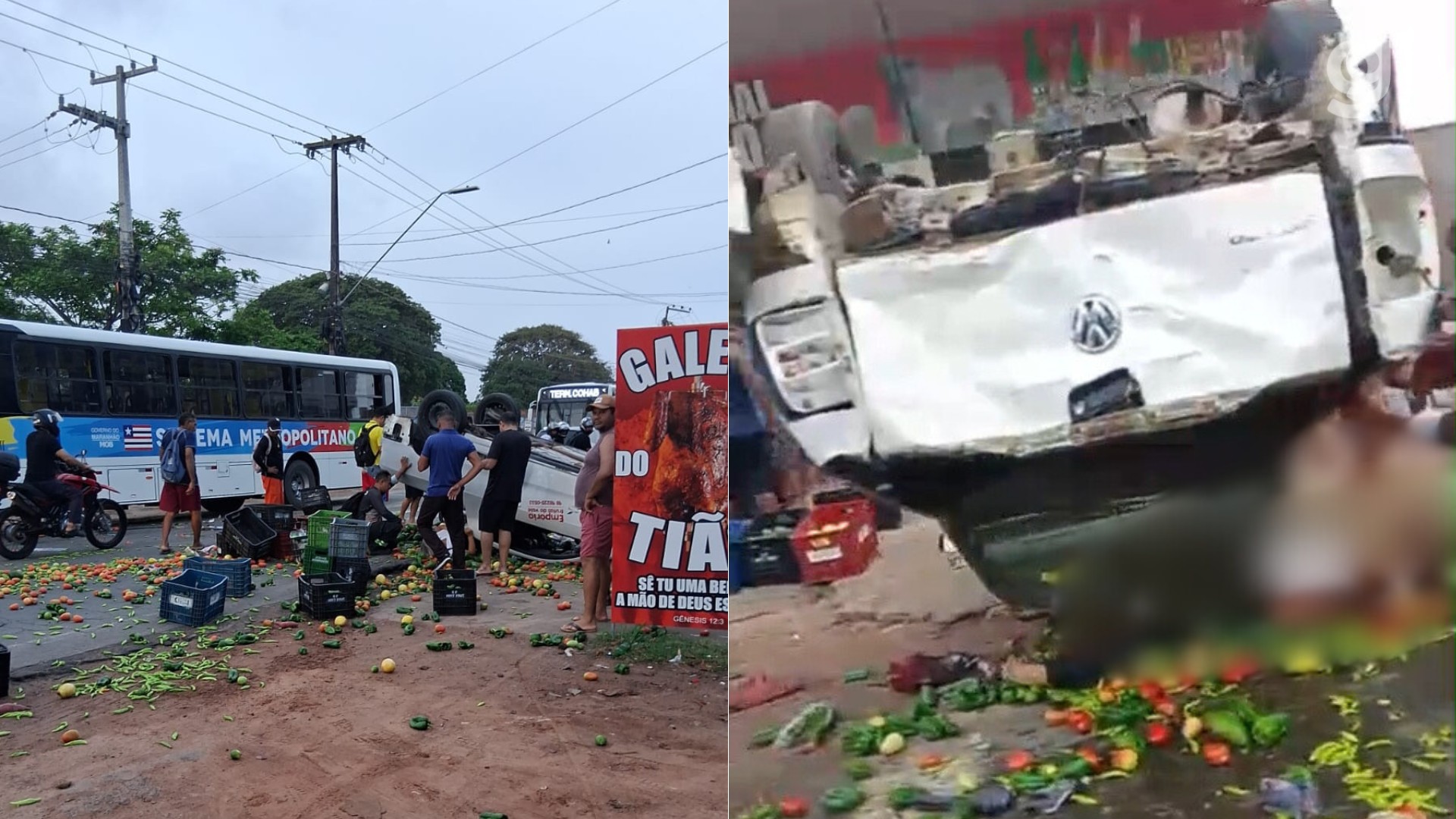 Colisão entre ônibus, picape e motocicleta deixa uma mulher ferida na MA-201; vídeo mostra o momento do acidente