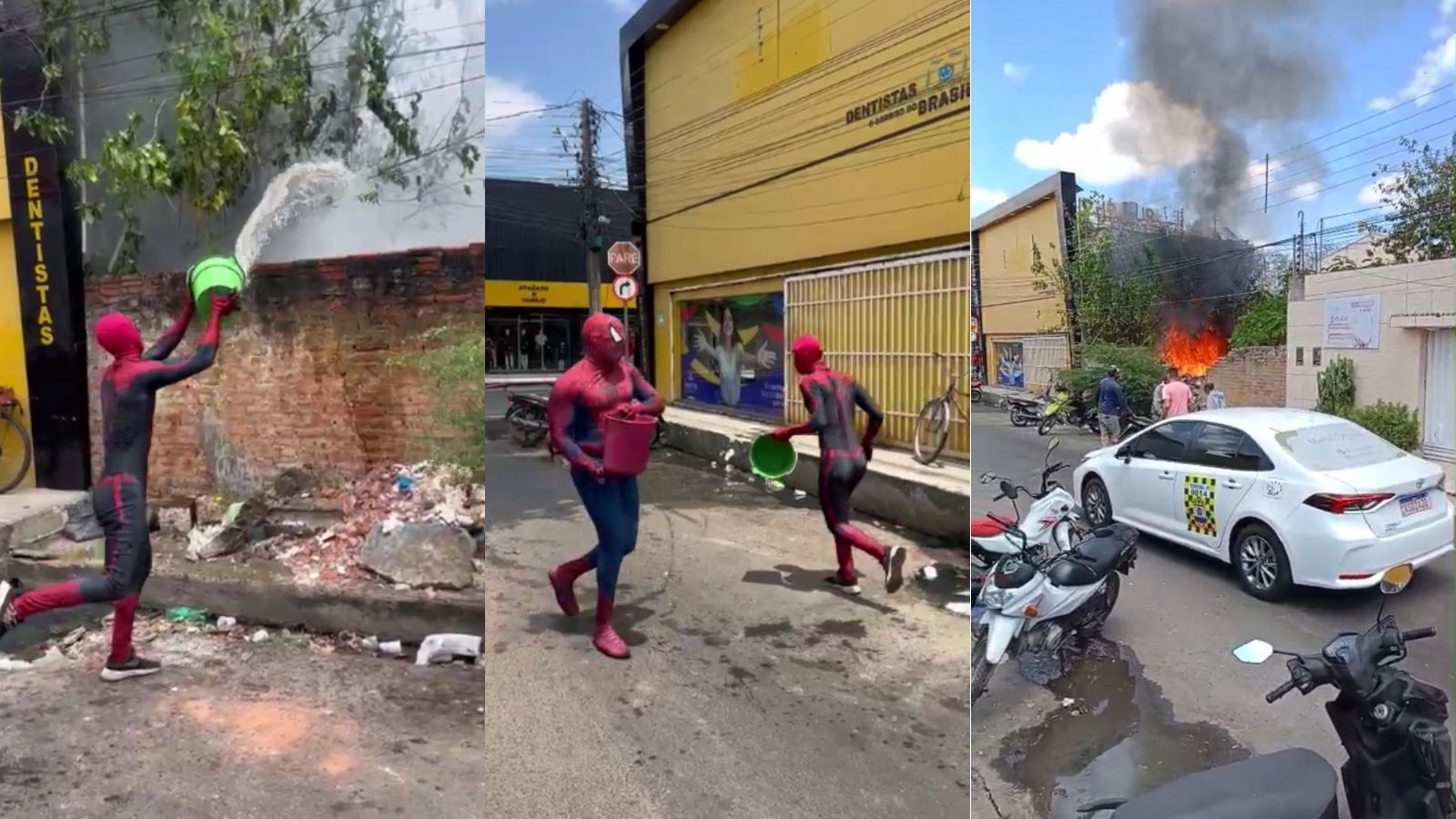 Vídeo: 'homens-aranha' tentam conter incêndio com água acumulada na rua e viralizam em Teresina