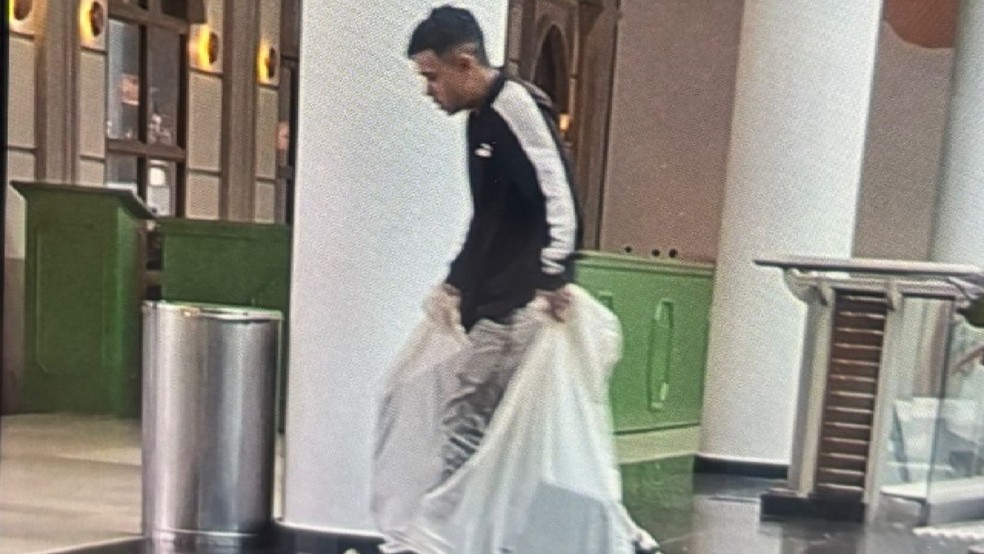 Um dos criminosos foi flagrado saindo do shopping com as sacolas carregadas — Foto: Imagem Cedida