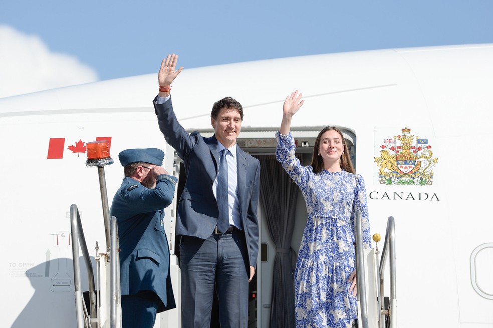 Chegada do primeiro-ministro do Canadá, Justin Trudeau, e sua filha Ella Grace — Foto: Alex Ferro/G20