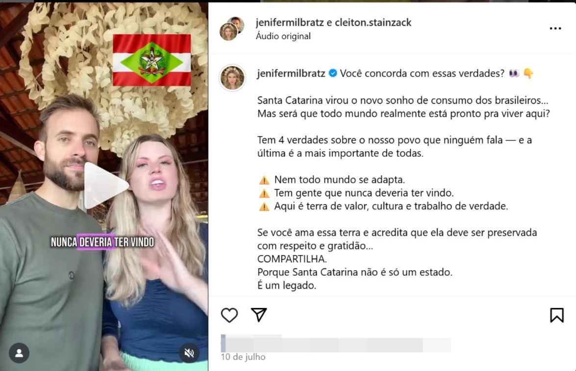 Vídeo de casal sobre requisitos a seguir para morar em SC é alvo de ameaças e denúncia por xenofobia