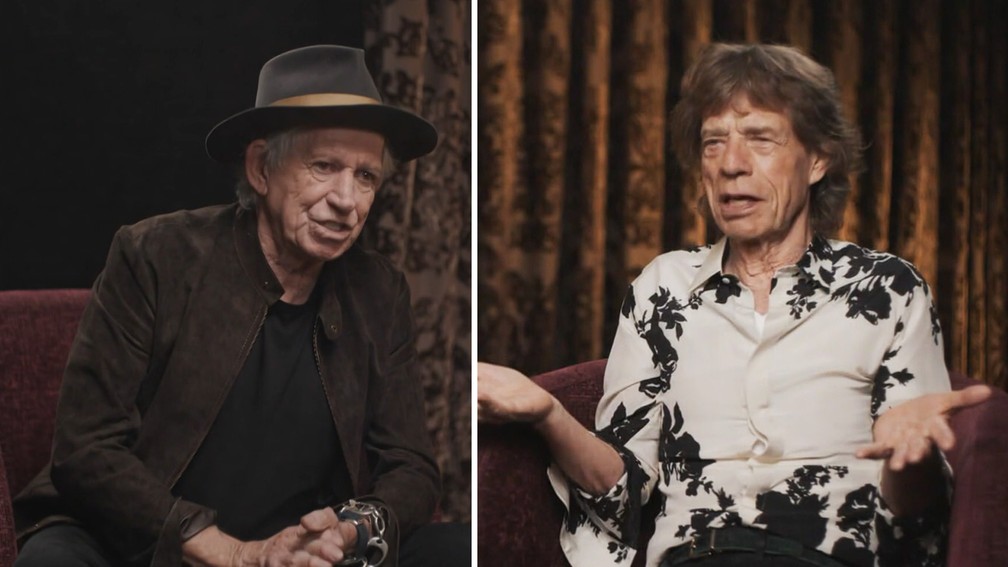 O guitarrista Keith Richards e o vocalista Mick Jagger, dos Rolling Stones, em entrevista ao Fantástico — Foto: Reprodução/TV Globo