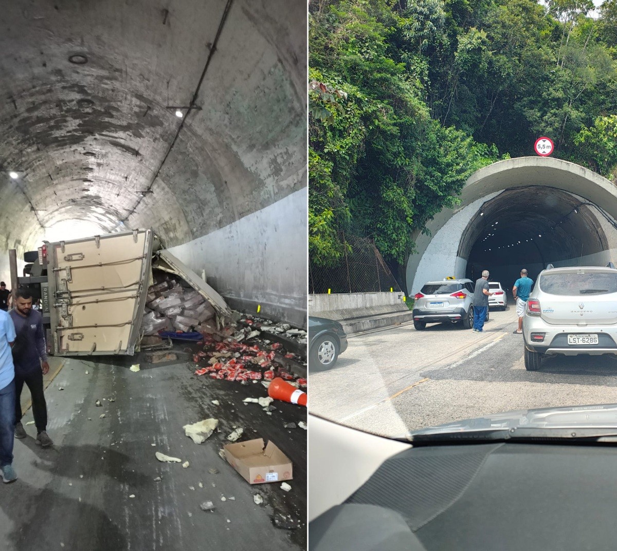Carreta tomba em túnel e interdita totalmente a descida da Serra de Petrópolis, na BR-040