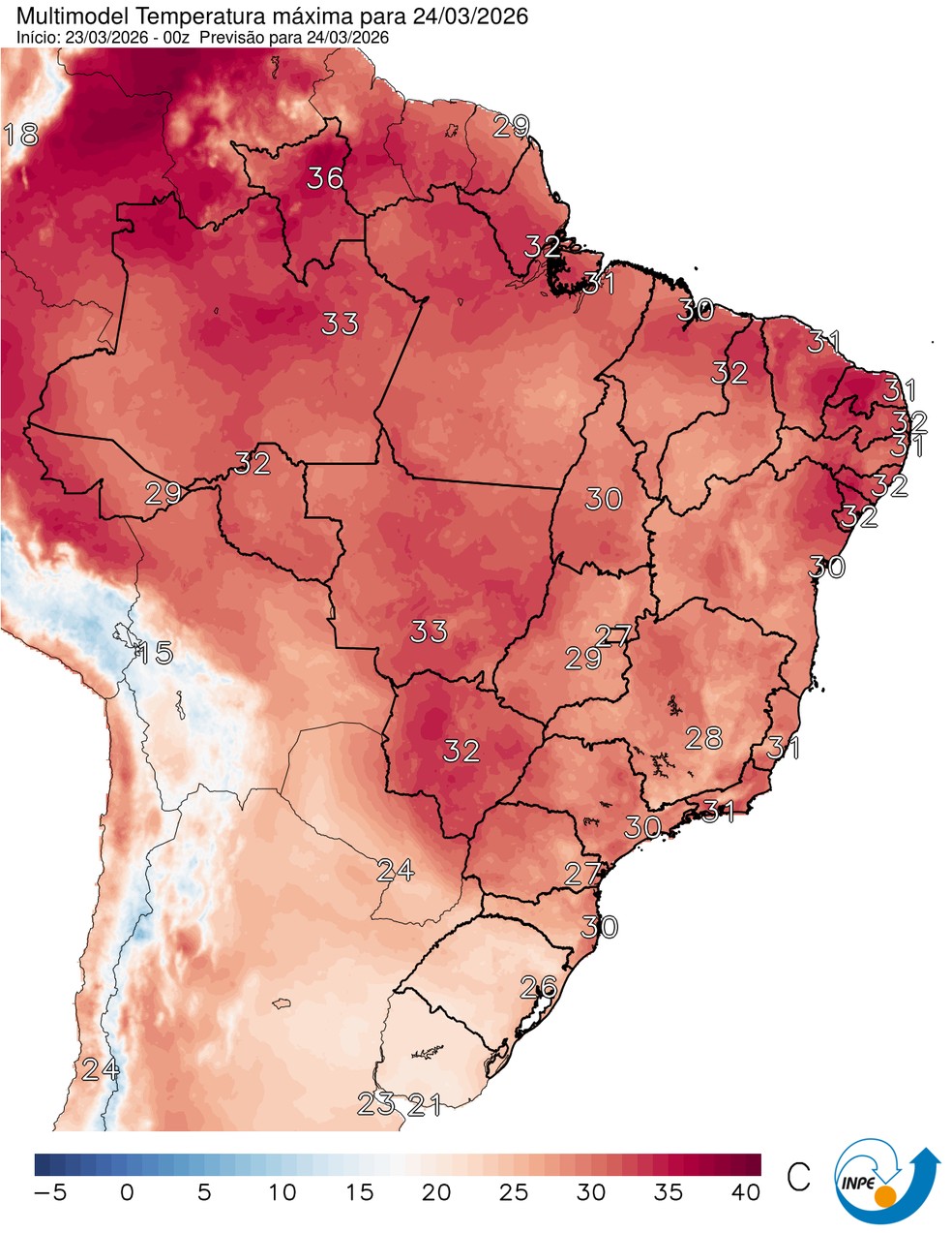 Mapa mostra previsão de temperatura máxima para esta terça (24). — Foto: CPTEC/Inpe